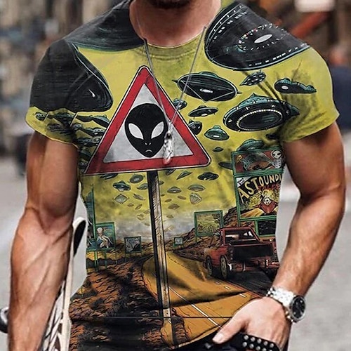 

Men's Unisex T shirt Tee Graphic Prints Alien Crew Neck Yellow 3D Print Outdoor Street Short Sleeve Print Clothing Apparel Sports Casual Big and Tall / Summer / Summer