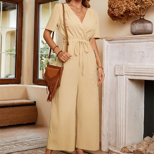 

Women's Jumpsuit Drawstring Pocket Solid Color V Neck Casual Daily Holiday Regular Fit Short Sleeve Black Yellow Army Green S M L Spring