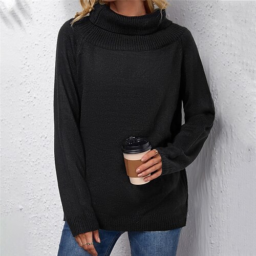 

Women's Pullover Sweater Jumper Ribbed Knit Knitted Pure Color Stand Collar Stylish Casual Daily Holiday Fall Winter Black S M L / Long Sleeve