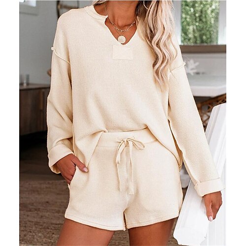 

Women's Basic Streetwear Solid Color Casual Daily Two Piece Set Shirt Shorts Sets Shorts Drawstring Tops