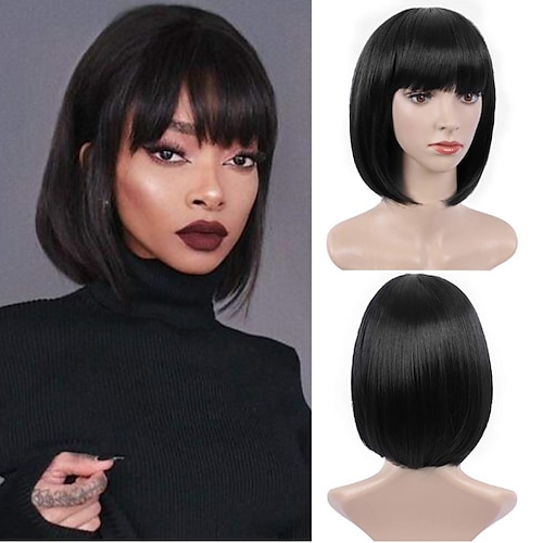 

Cosplay Costume Wig Straight Bob Neat Bang Machine Made Wig Short Green Black Blue Synthetic Hair Women Anime Cute Cosplay Black Blue Green / Daily Wear / Party