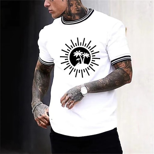 

Men's T shirt Tee Graphic Patterned Solid Color Sun Leaves Crew Neck Casual Daily Short Sleeve Tops Casual White Black / Sports