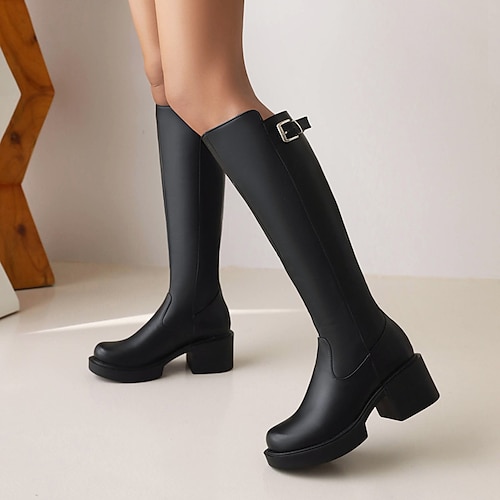 

Women's Boots Knee High Boots Buckle Chunky Heel Round Toe Preppy Minimalism Party Daily PU Leather Zipper Fall Winter Solid Colored Dark Brown White Black