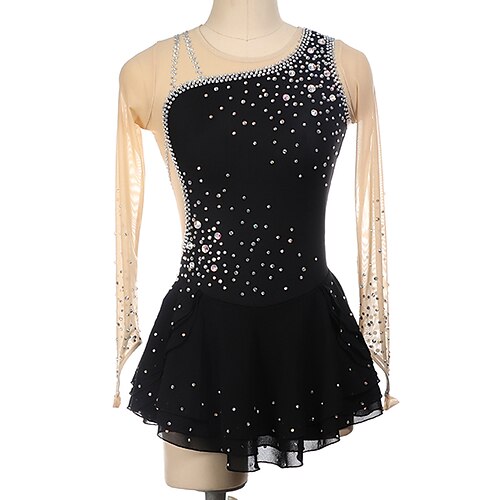 

Figure Skating Dress Women's Girls' Ice Skating Dress Black Green Purple Thumbhole Spandex High Elasticity Training Competition Skating Wear Handmade Crystal / Rhinestone Long Sleeve Ice Skating