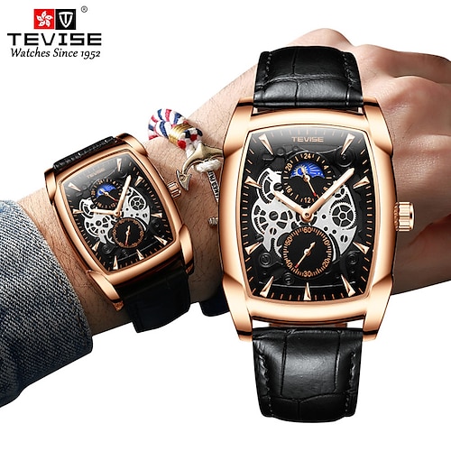 

TEVISE T802S Men Watch Quartz Watch for Men Moon Phase 24 Hours Show Leather Strap Luminous Hands Watche