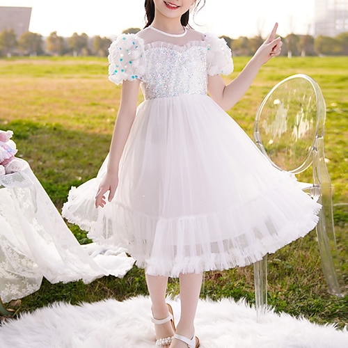 

Kids Little Girls' Dress Solid Colored A Line Dress School Daily Sequins Mesh White Pink Knee-length Short Sleeve Beautiful Cute Dresses Summer Regular Fit 3-12 Years