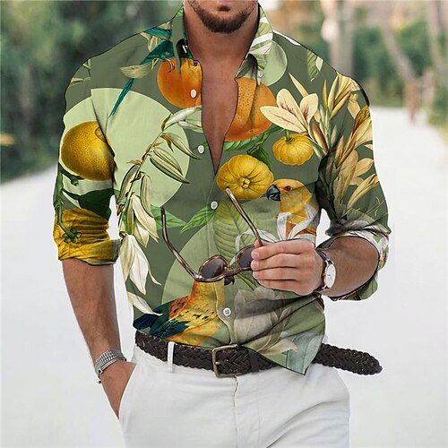 

Men's Shirt Bird Plants Turndown Green Long Sleeve 3D Print Outdoor Street Button-Down Print Tops Fashion Designer Casual Breathable