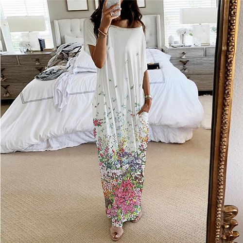 

Women's Pajamas Nightgown Dress Nighty Flower Fashion Comfort Home Bed Polyester Crew Neck Short Sleeve Pocket Spring Summer White / Pjs