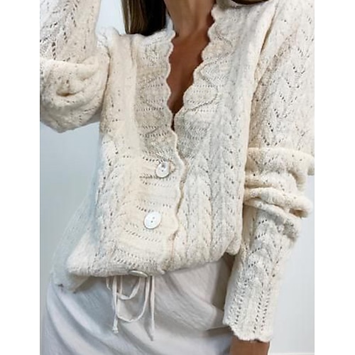 

Women's Cardigan Sweater Jumper Crochet Knit Cropped Button Beads Solid Color V Neck Casual Daily Holiday Winter Fall White S M L