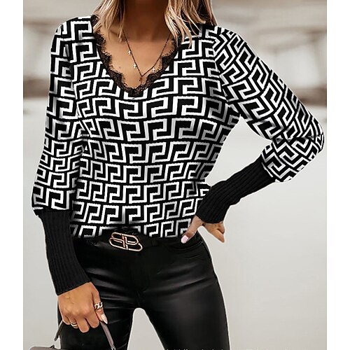 

Women's Shirt Plaid Leopard Daily Weekend Shirt Long Sleeve Lace Patchwork Lace Trims V Neck Casual Streetwear OYS1205Q OYS1205E-br OYS1205B S / 3D Print