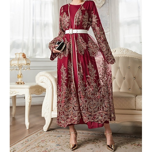 

Women's Chiffon Dress Maxi long Dress Wine Orange Long Sleeve Print Chiffon Fall Winter Crew Neck Stylish Elegant Luxurious Formal Party Flare Cuff Sleeve Loose Boom Sale Dress S M L XL