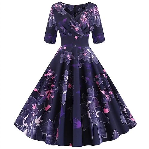 

Women's Swing Dress Floral Dress Vintage Dress Midi Dress Light Yellow Black Dark Blue Half Sleeve Floral Ruched Winter Fall V Neck Weekend 2022 S M L XL XXL