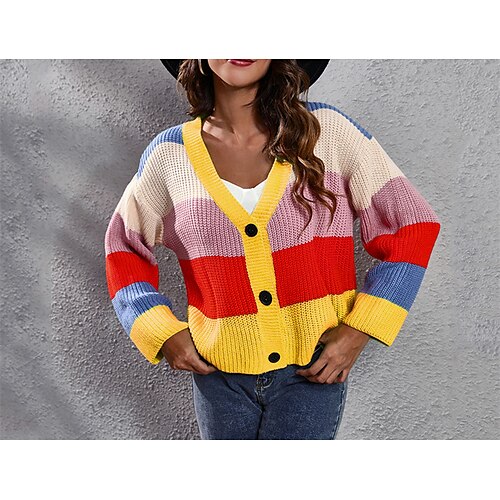 

Women's Cardigan Sweater Jumper Crochet Knit Knitted Striped Open Front Casual Daily Fall Winter Green Yellow S M L / Cotton / Long Sleeve