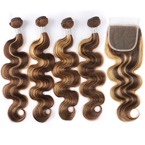 

4 Bundles With Closure Hair Weaves Brazilian Hair Body Wave Human Hair Extensions Remy Human Hair Hair Weft with Closure 10-22 inch Light Brown Dark Brown Women Youth / Daily Wear