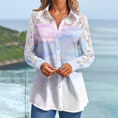 

Women's Blouse Graphic Patterned Daily Weekend Blouse Shirt Long Sleeve Lace Patchwork Button Shirt Collar Casual Streetwear Blue S / 3D Print