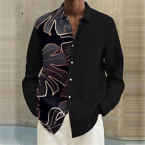 

Men's Shirt Leaves Turndown Black Long Sleeve 3D Print Outdoor Street Button-Down Print Tops Fashion Casual Breathable
