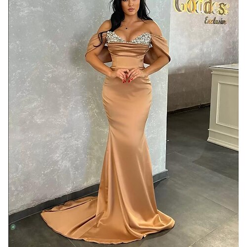 

Mermaid / Trumpet Evening Dresses Sexy Dress Formal Evening Sweep / Brush Train Sleeveless V Neck Charmeuse with Ruched Beading Pure Color 2022