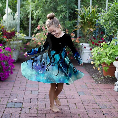 

Kids Girls' Dress Animal Swing Dress Above Knee Dress Daily Print Long Sleeve Cute Dress 3-10 Years Winter Blue