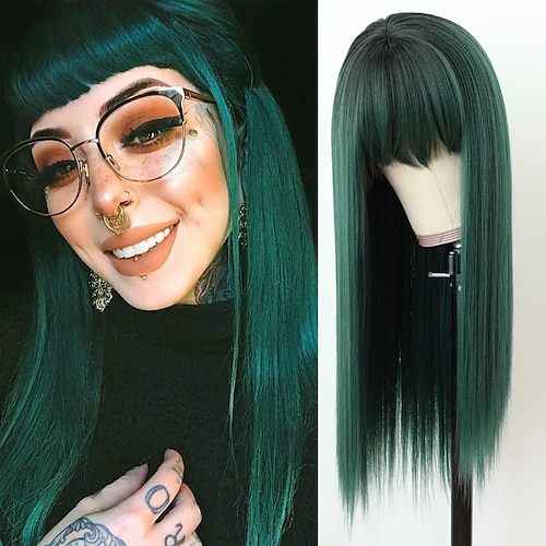 

Silky Straight Synthetic Replacement Hair Wig Green Ombre Silk Base Wig With Bang Heat Resistant None Lace Wigs for Fashion Women