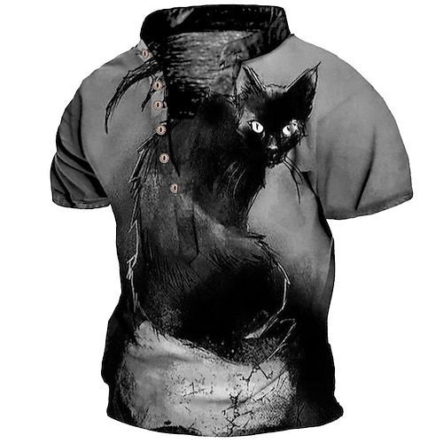 

Homens Camiseta Camisa Henley Camisetas Gráfico Gato Colarinho Chinês Cinzento Escuro Impressão 3D Tamanho Grande Ao ar livre Diário Manga Curta Botão para baixo Imprimir Roupa Básico Designer Casual