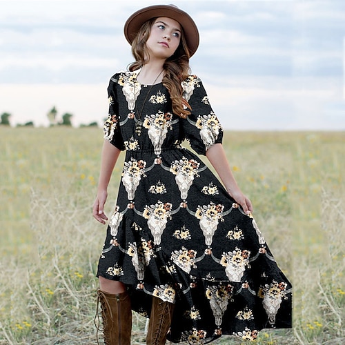 

Kids Little Girls' Dress Floral A Line Dress Daily Holiday Vacation Ruffle Print Black Blue Wine Maxi Half Sleeve Casual Cute Sweet Dresses Fall Spring Regular Fit 3-12 Years