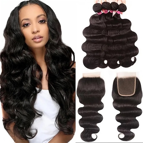 

4 Bundles With Closure Hair Weaves Brazilian Hair Body Wave Human Hair Extensions Human Hair Extension Weave 14-20 inch Black Women Easy dressing Comfy / Daily Wear / Party / Evening / Party