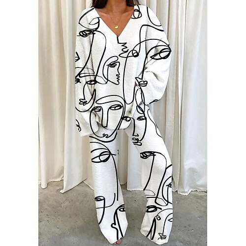 

Women's Plus Size Loungewear Sets Sweatsuit 2 Pieces Abstract Warm Casual Comfort Home Street Airport Fleece V Wire Long Pant Pullover Pant Winter Fall White