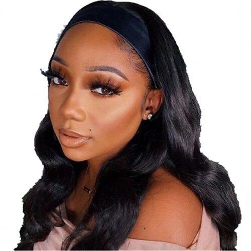 

Human Hair Wig Long Medium Length Body Wave With Headband Natural Black Adjustable Natural Hairline Glueless Machine Made Capless Brazilian Hair All Natural Black #1B 12 inch 14 inch 16 inch Daily