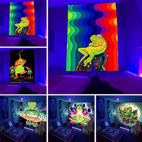 

frog blacklight uv reaktiv veggteppe kunstdekor teppe gardin hengende hjem soverom dekorasjon polyester