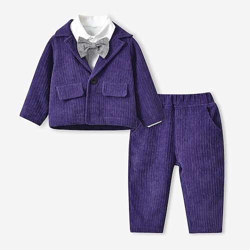 

3 Pieces Kids Boys Suit & Blazer Shirt & Pants Clothing Set Outfit Solid Color Long Sleeve Cotton Set School Fashion Preppy Style Winter Fall 2-6 Years Green Black Purple