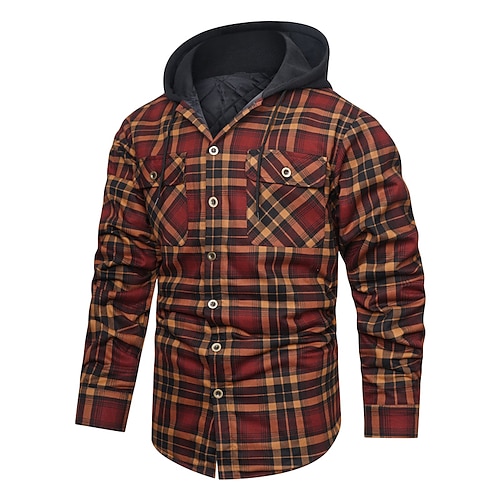 

Men's Puffer Jacket Winter Jacket Quilted Jacket Shirt Jacket Winter Coat Warm Casual Plaid / Check Outerwear Clothing Apparel Wine Army Green