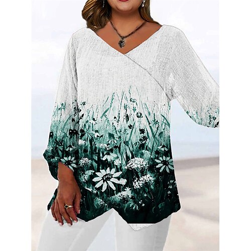 

Women's Plus Size Tops Blouse Shirt Floral Print Long Sleeve V Neck Casual Daily Going out Polyester Fall Spring Green Blue / 3D Print
