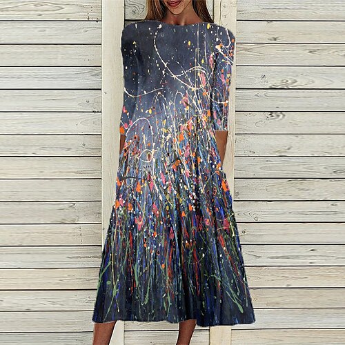 

Women's Casual Dress Shift Dress Midi Dress Blue Purple Yellow 3/4 Length Sleeve Floral Ruched Print Fall Spring Round Neck Casual Vacation 2022 S M L XL XXL 3XL