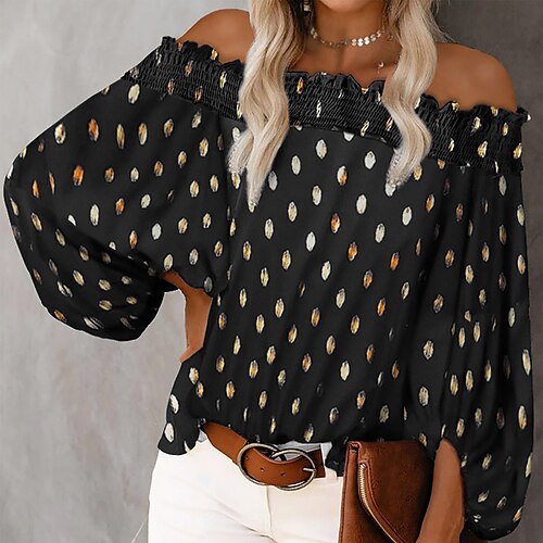 

Women's Shirt Polka Dot Holiday Weekend Shirt Long Sleeve Print Off Shoulder Casual Streetwear Black Red Navy Blue S / 3D Print
