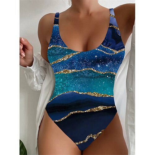 

Women's Swimwear One Piece Monokini Bathing Suits Normal Swimsuit Tummy Control Printing High Waisted Gradient Color Blue Strap Bathing Suits Sexy Vacation Fashion / Modern / New