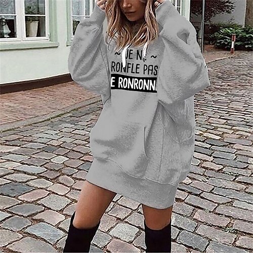 

Women's Shift Dress Short Mini Dress Gray Long Sleeve Fall Letter Pocket Print Fall Winter Hooded Casual 2022 S M L XL XXL 3XL