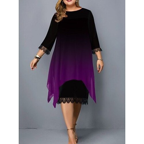 

Women's Plus Size Party Dress Color Gradient Crew Neck Ruched 3/4 Length Sleeve Winter Fall Elegant Midi Dress Formal Party Dress