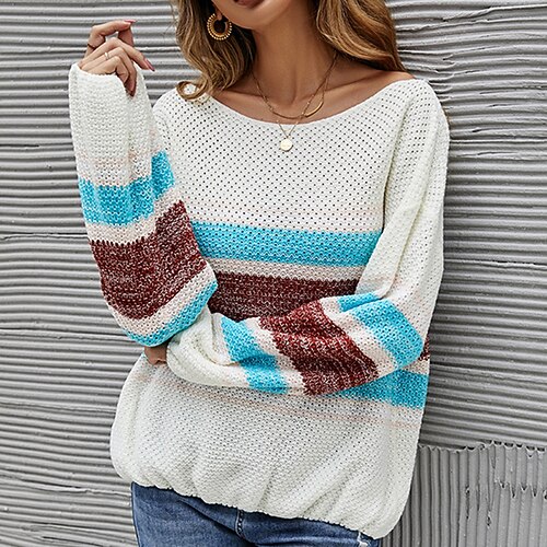 

Women's Pullover Jumper Crochet Knit Knitted Cold Shoulder Striped Off Shoulder Stylish Casual Daily Date Fall Winter Gray Yellow S M L / Long Sleeve