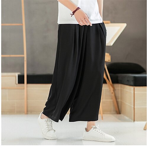 

Men's Trousers Cropped Pants Casual Pants Drawstring Elastic Waist Straight Leg Solid Color Comfort Breathable Casual Daily Streetwear Cotton Blend Sports Fashion White Black Micro-elastic