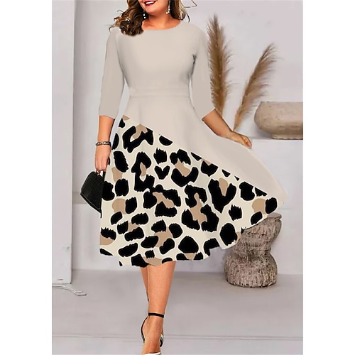 

Women's Plus Size Work Dress Leopard Crew Neck Print 3/4 Length Sleeve Fall Winter Work Formal Midi Dress Daily Vacation Dress / 3D Print