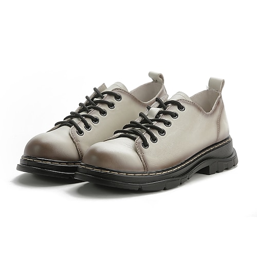 

Women's Oxfords Work Daily Summer Low Heel Round Toe Casual Sweet Walking Shoes PU Leather Lace-up Black Beige