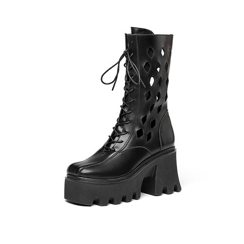 

Women's Boots Combat Boots Sandals Boots Summer Boots Daily Mid Calf Boots Lace-up High Heel Round Toe Vintage PU Leather Zipper Solid Colored Black Yellow