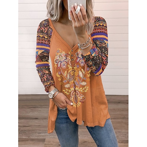 

Women's Blouse Floral Casual Weekend Floral Painting Blouse Long Sleeve Flowing tunic Quarter Zip Button V Neck Basic Blue Gray Purple S / 3D Print / Print