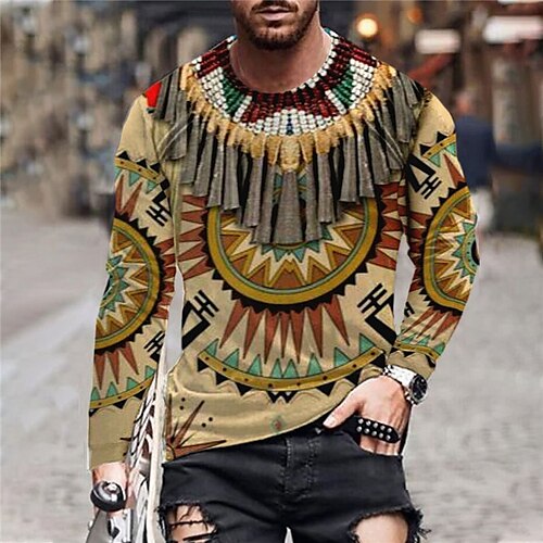 

Hombre Unisexo Camiseta Estampados Cuello Barco Marrón Impresión 3D Indian Exterior Calle Manga Larga Estampado Ropa Básico Deportes Design Casual