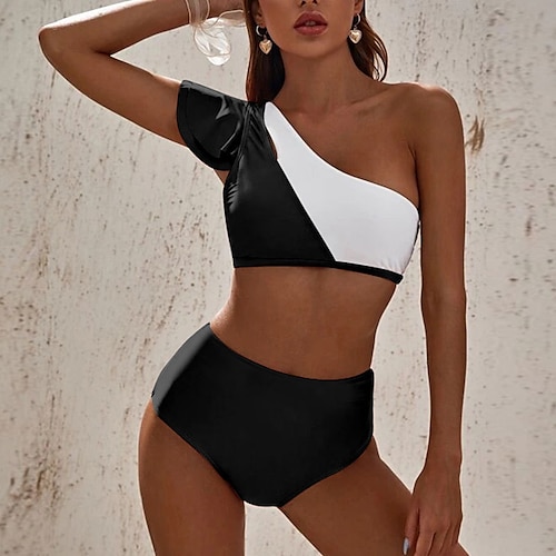 

Women's Swimwear Bikini 2 Piece Normal Swimsuit Open Back Printing High Waisted Color Block Black Rosy Pink Tank Top Bathing Suits Sexy Vacation Fashion / Modern / New