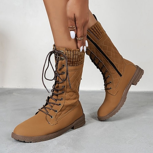 

Women's Boots Plus Size Lace Up Boots Block Heel Round Toe Casual Daily PU Leather Loafer Fall Winter Solid Colored Dark Brown Black Gray
