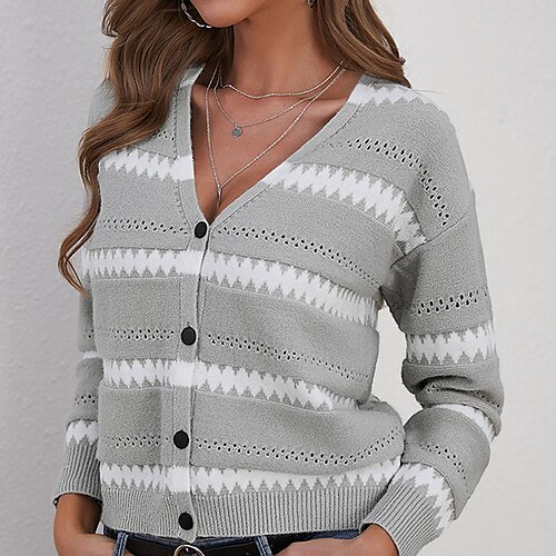 

Mulheres Sueter Cardigan Saltador Estriado Tricotar Botão Tricotado Listrado Decote V à moda Casual Ao ar livre Diário Inverno Outono Cáqui Cinzento S M L / Manga Longa / Normal / Para Noite