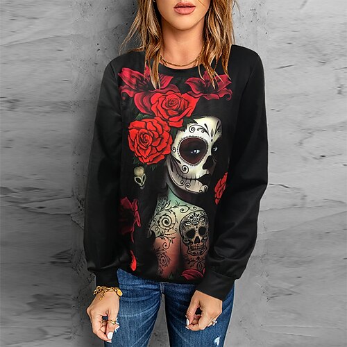 

Women's Sweatshirt Pullover Floral Portrait Skeleton Print Daily Sports 3D Print Active Streetwear Halloween Clothing Apparel Hoodies Sweatshirts Green Orange
