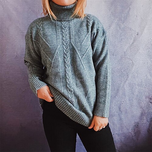 

Women's Pullover Sweater Jumper Cable Knit Knitted Pure Color Turtleneck Stylish Casual Daily Going out Fall Winter White Gray S M L / Long Sleeve