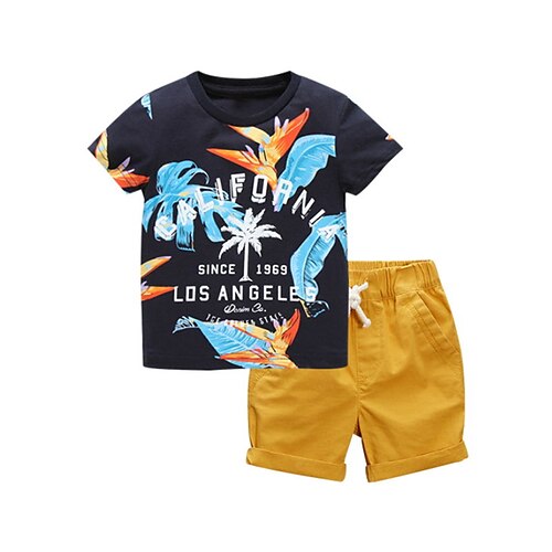 

Kids Boys T-shirt Shorts Clothing Set 2 Pieces Short Sleeve Black Leaf Print Street Casual Cool 2-8 Years
